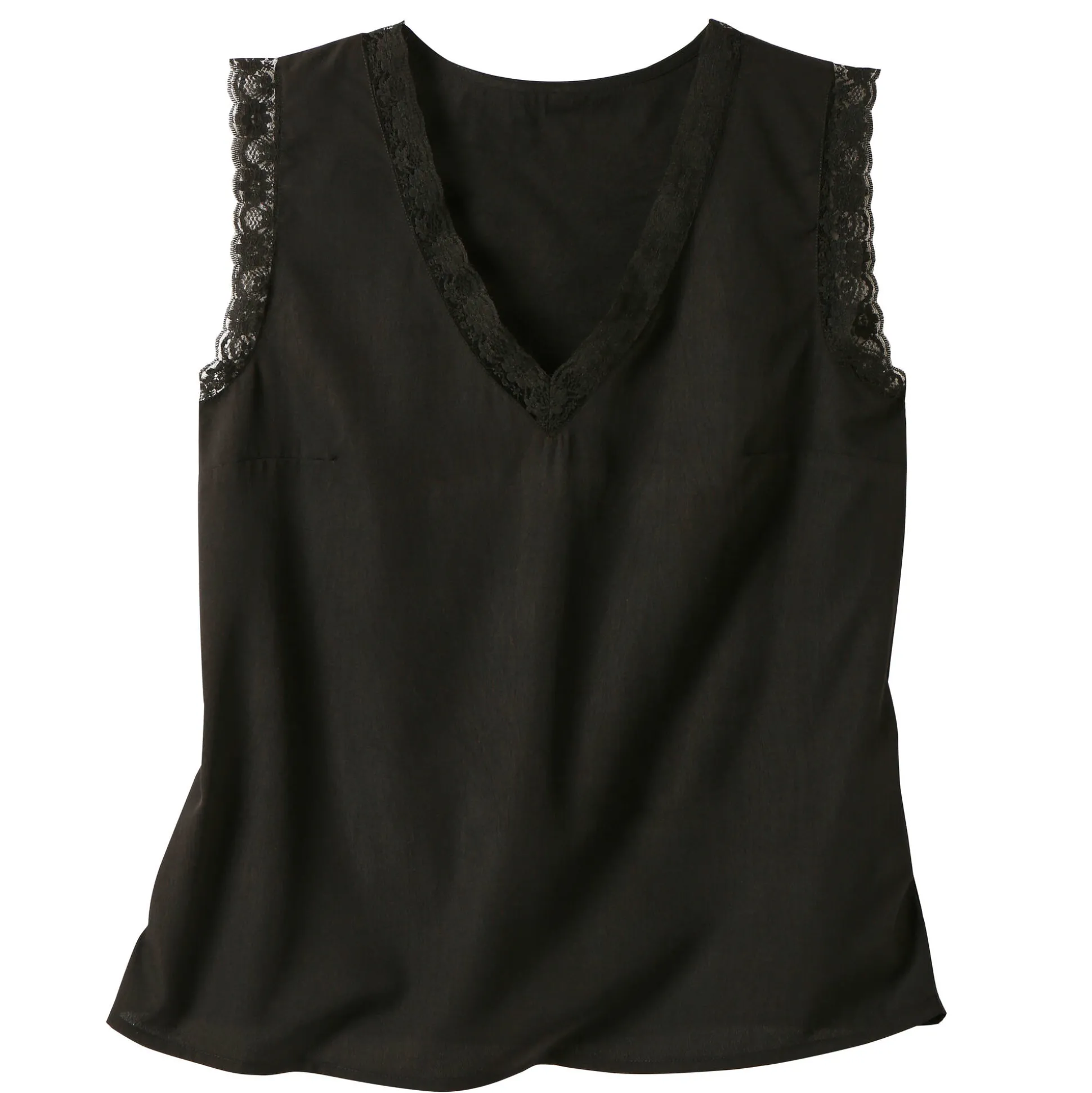 Soepele caraco met V-hals en kant, crêpe van gerecycleerd polyester**