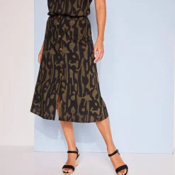 Soepele rok met knoopsluiting en grafische print, viscose
