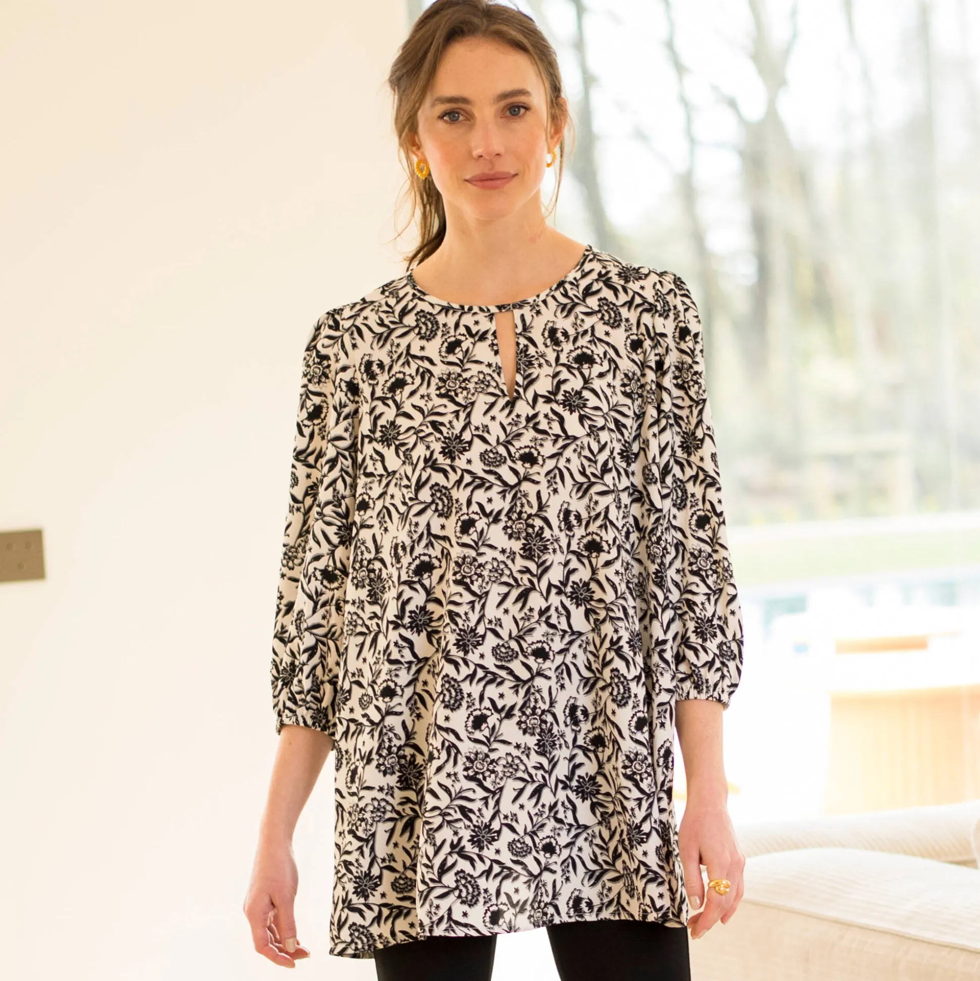 Soepele tuniek met bloemenprint, 3/4-mouwen