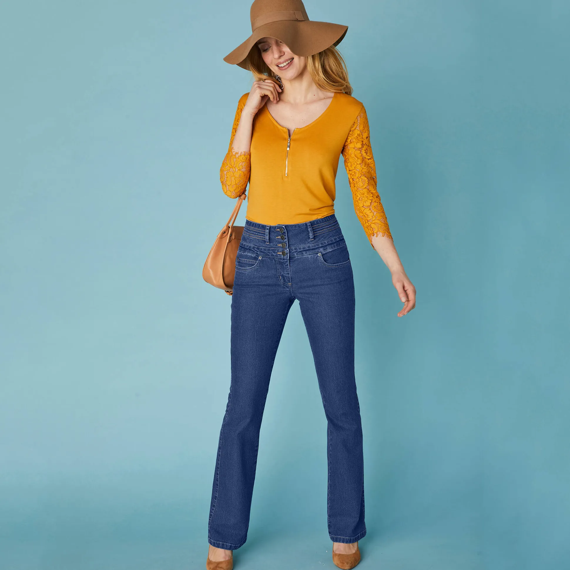 Stretchjeans in bootcutmodel met hoge taille - binnenpijplengte 78 cm