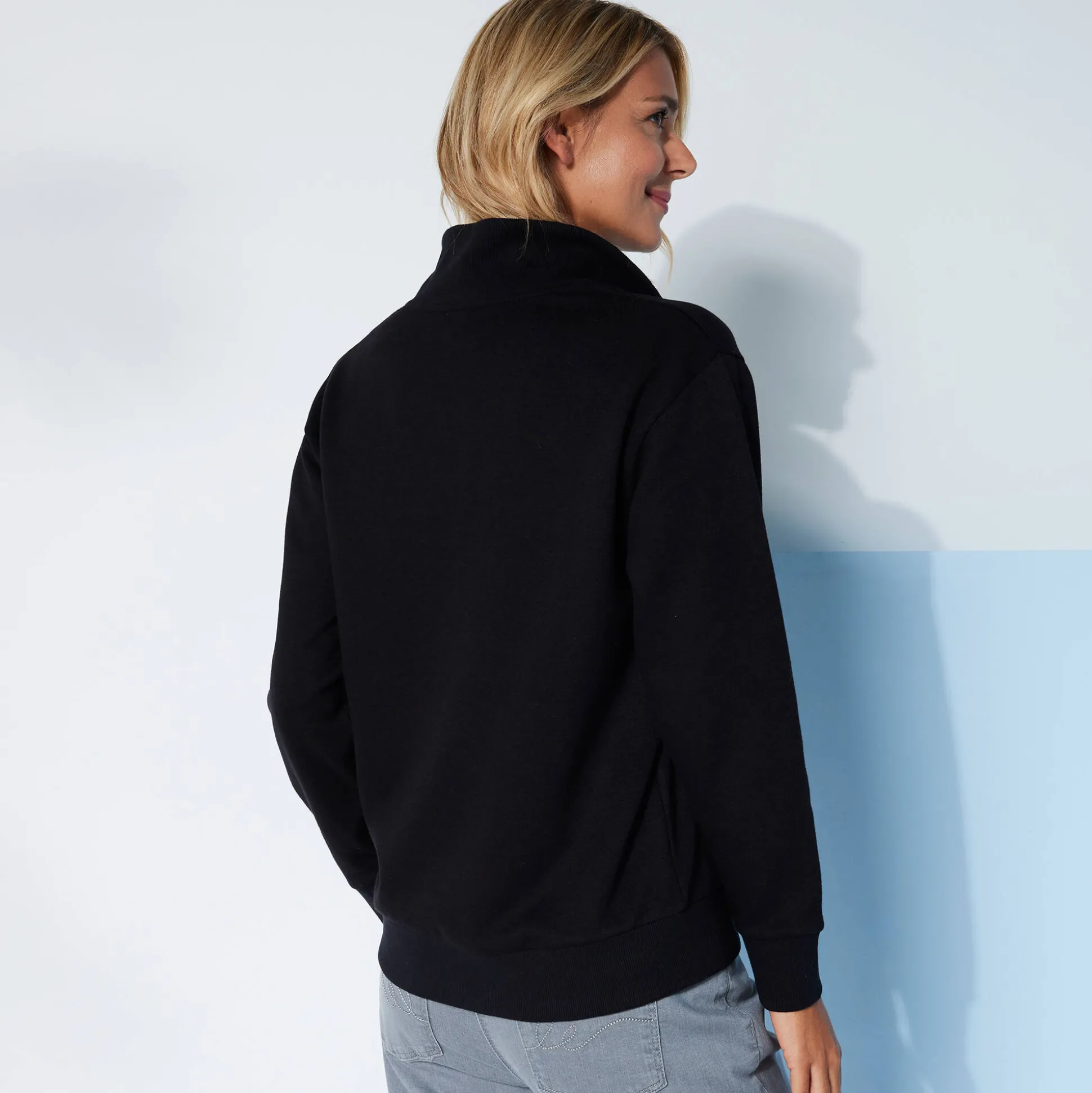 Sweater met opstaande ritskraag in geruwd molton