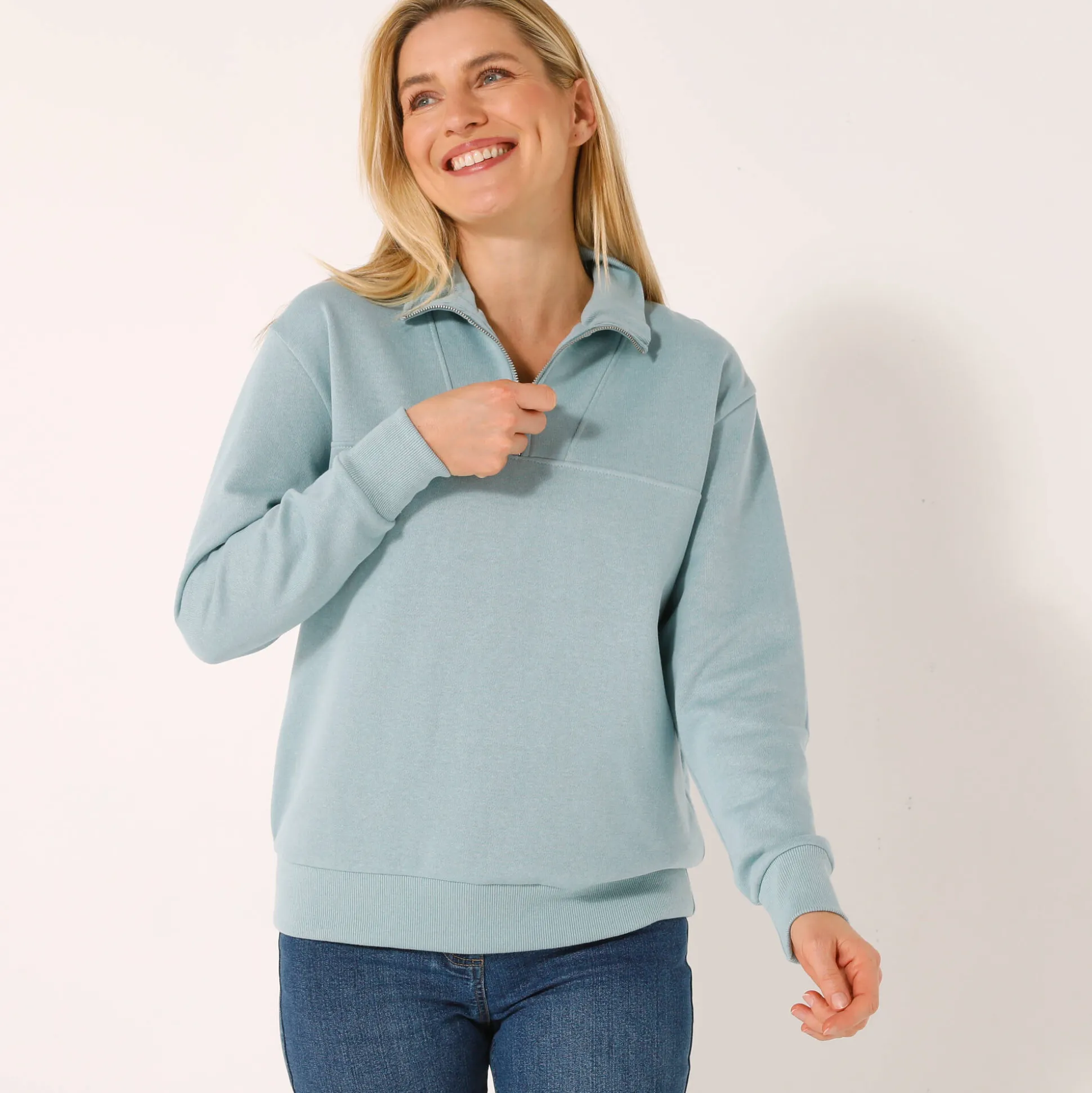 Sweater met opstaande ritskraag in geruwd molton