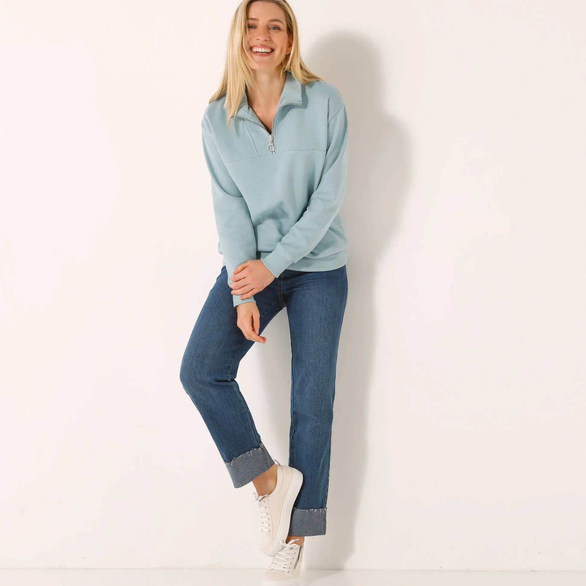 Sweater met opstaande ritskraag in geruwd molton