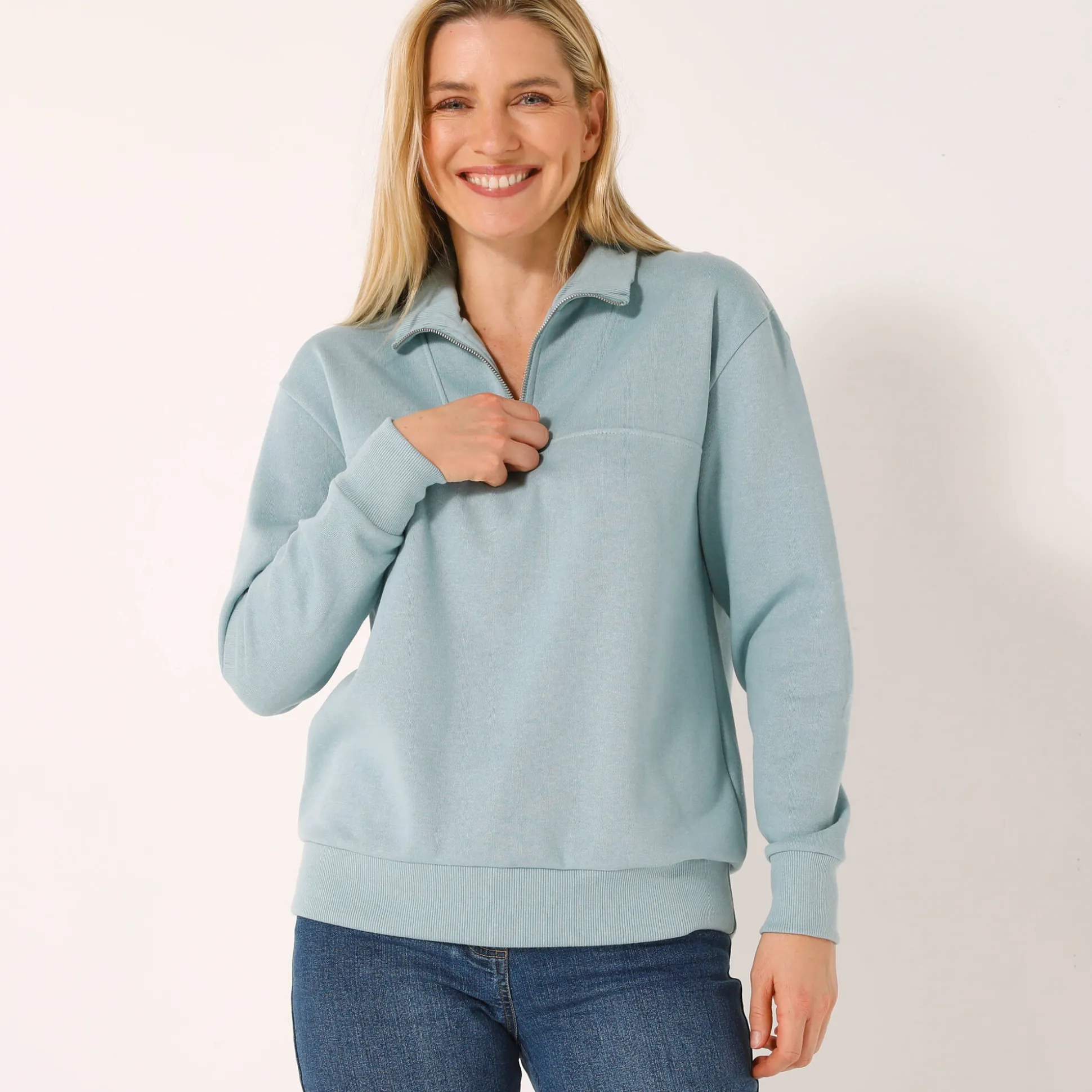 Sweater met opstaande ritskraag in geruwd molton