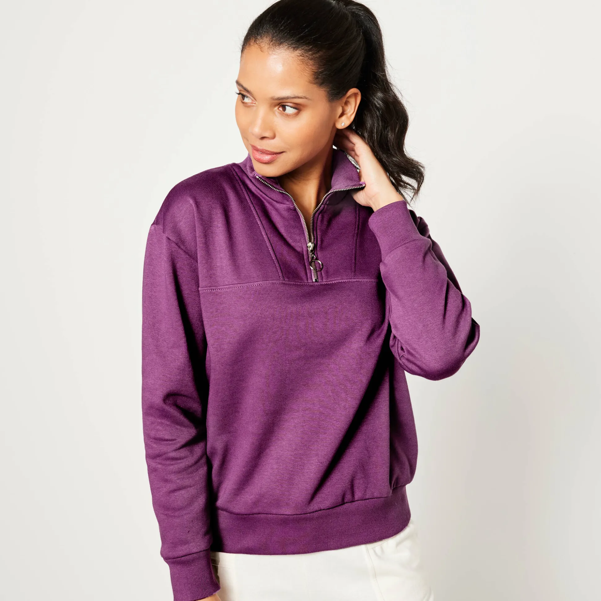 Sweater met opstaande ritskraag in geruwd molton