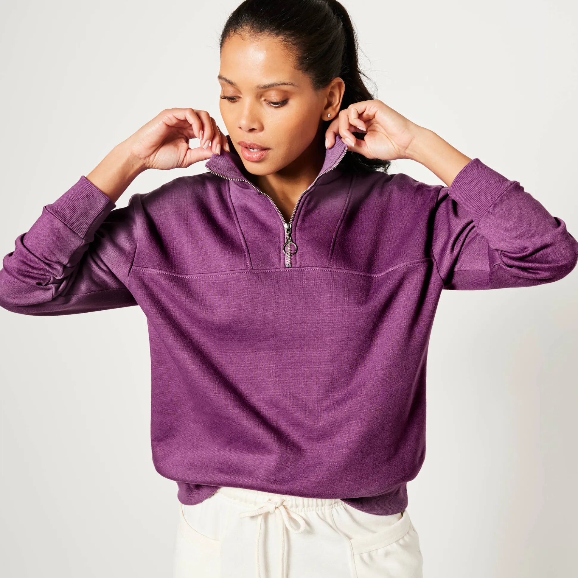Sweater met opstaande ritskraag in geruwd molton