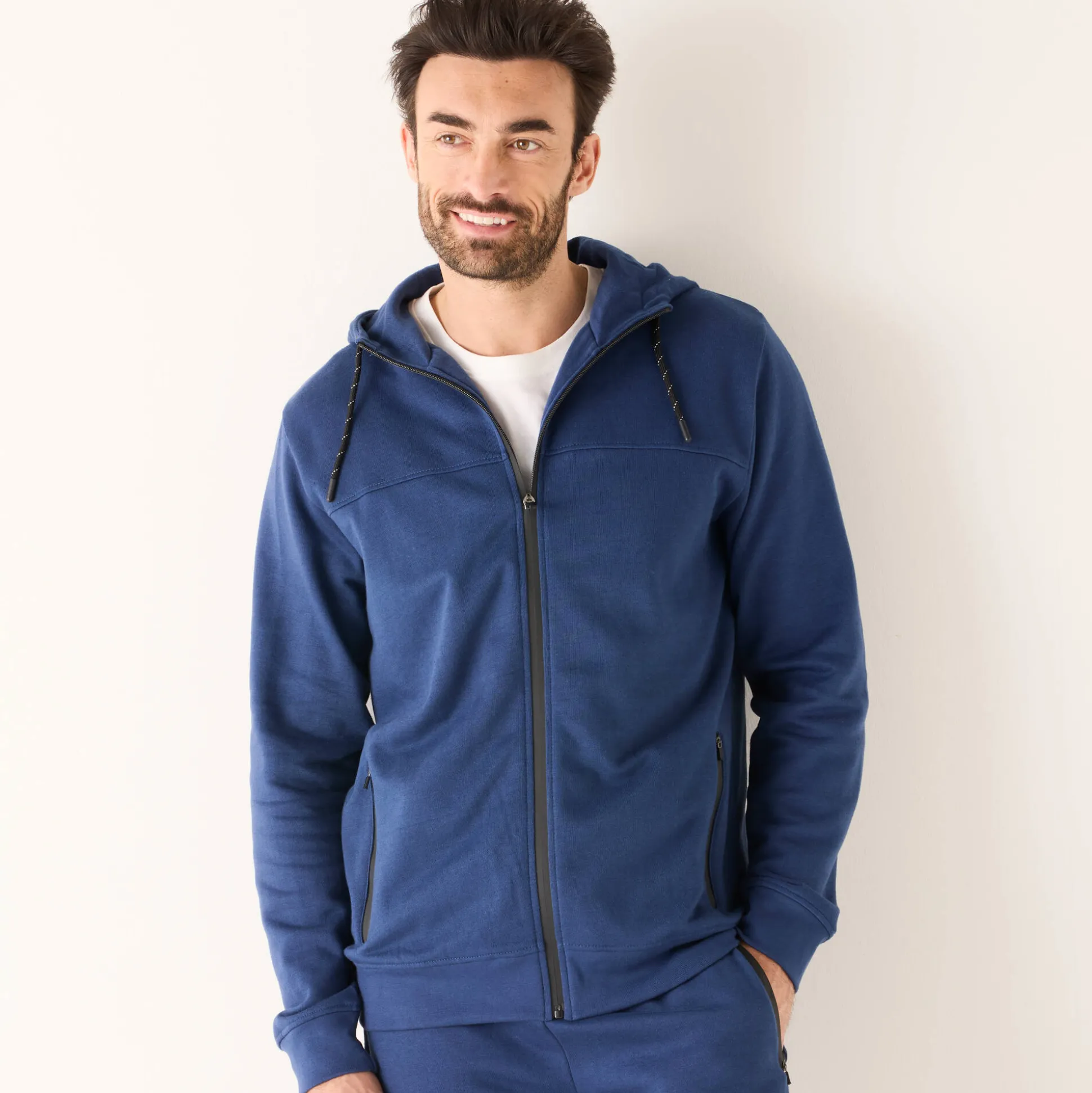 Sweater met rits en kap, in geruwd molton, met contrasterende details