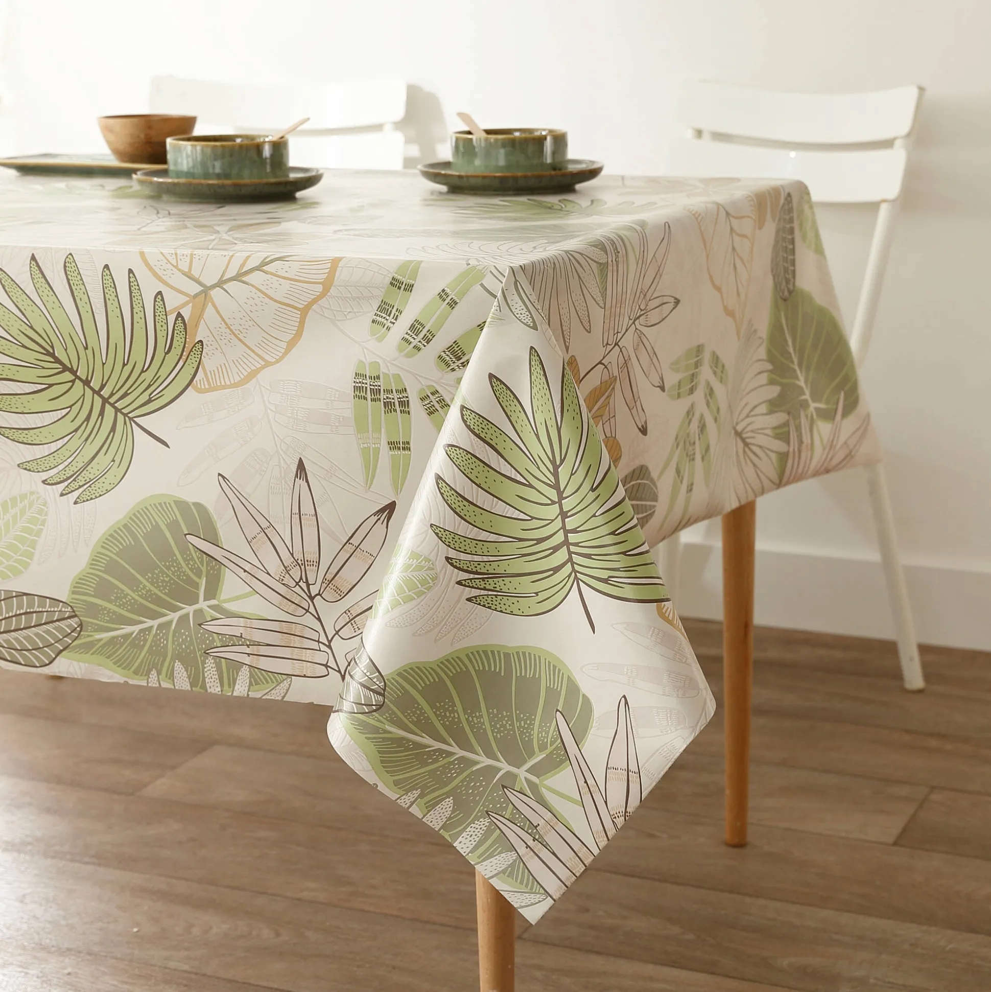 Tafellaken in toile cirée, met bladerenprint
