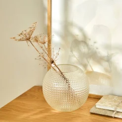 Transparante, ronde vaas in reliëfglas