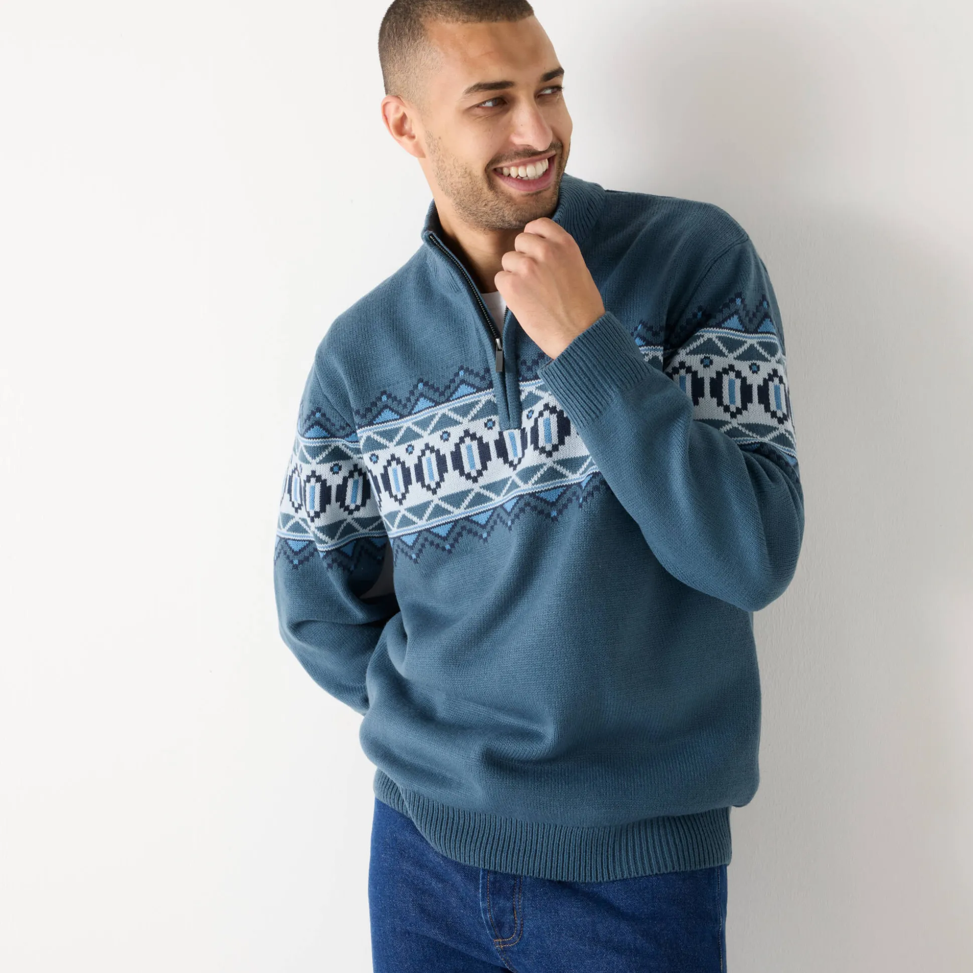 Trucker trui van jersey met jacquardmotief en fleecevoering