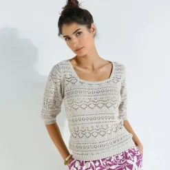 Trui in fantasie ajourtricot, mouwen op ellebooglengte
