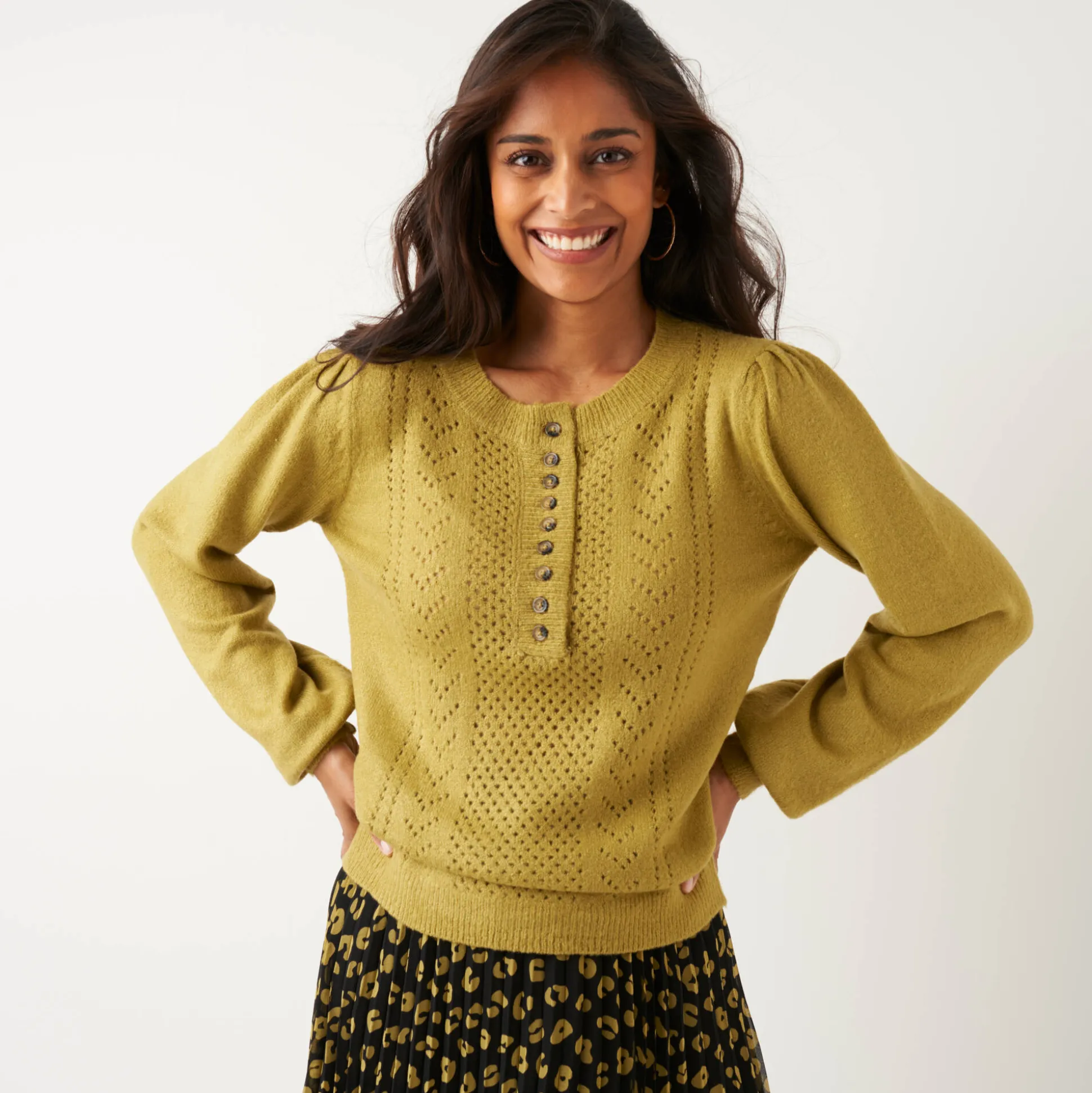 Trui in fantasietricot met Tunesische hals