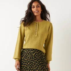 Trui in fantasietricot met Tunesische hals