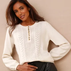 Trui in fantasietricot met Tunesische hals