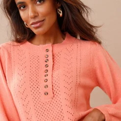 Trui in fantasietricot met Tunesische hals