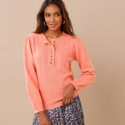 Trui in fantasietricot met Tunesische hals