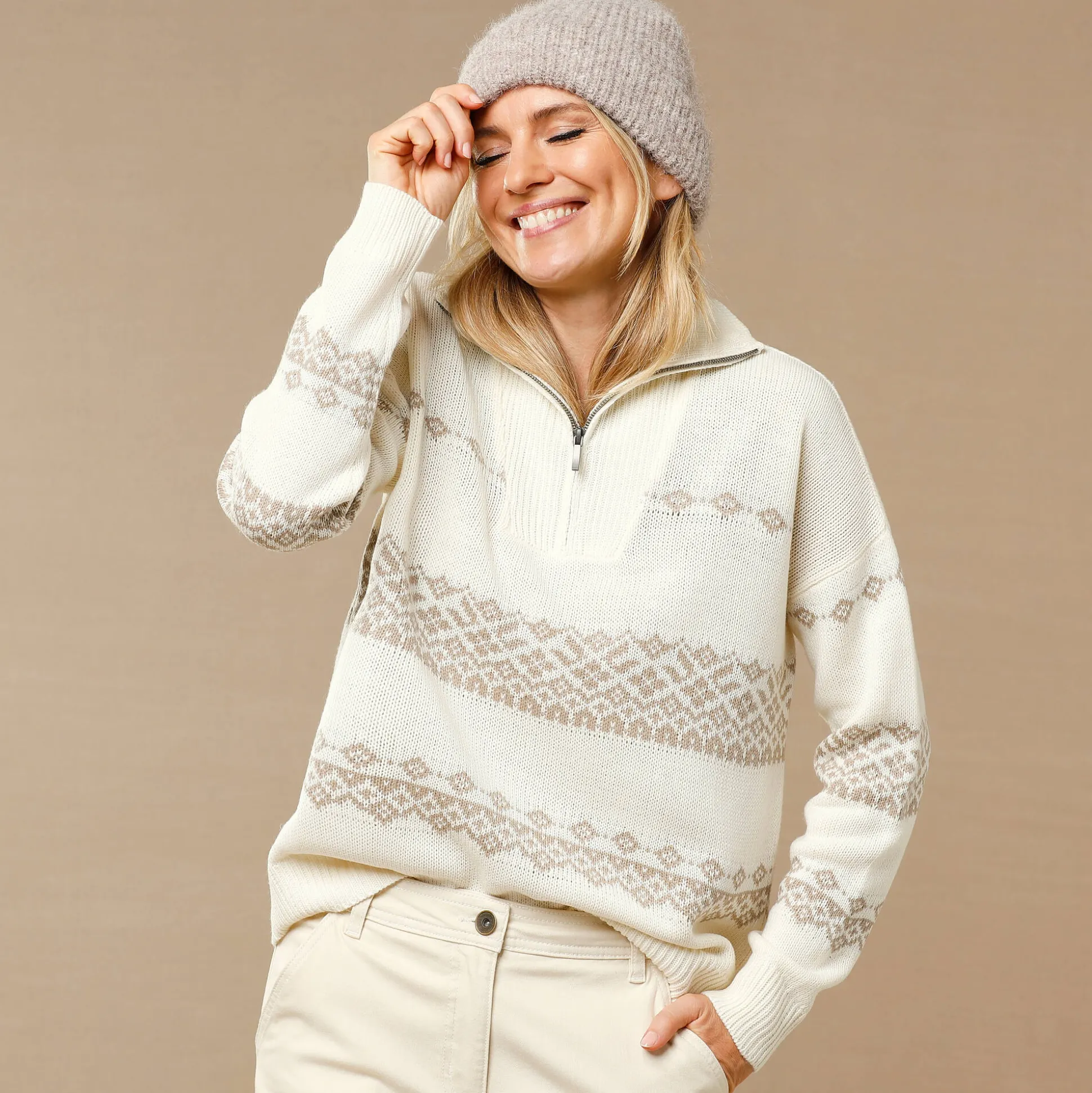 Trui in jacquard, truckerskraag met rits
