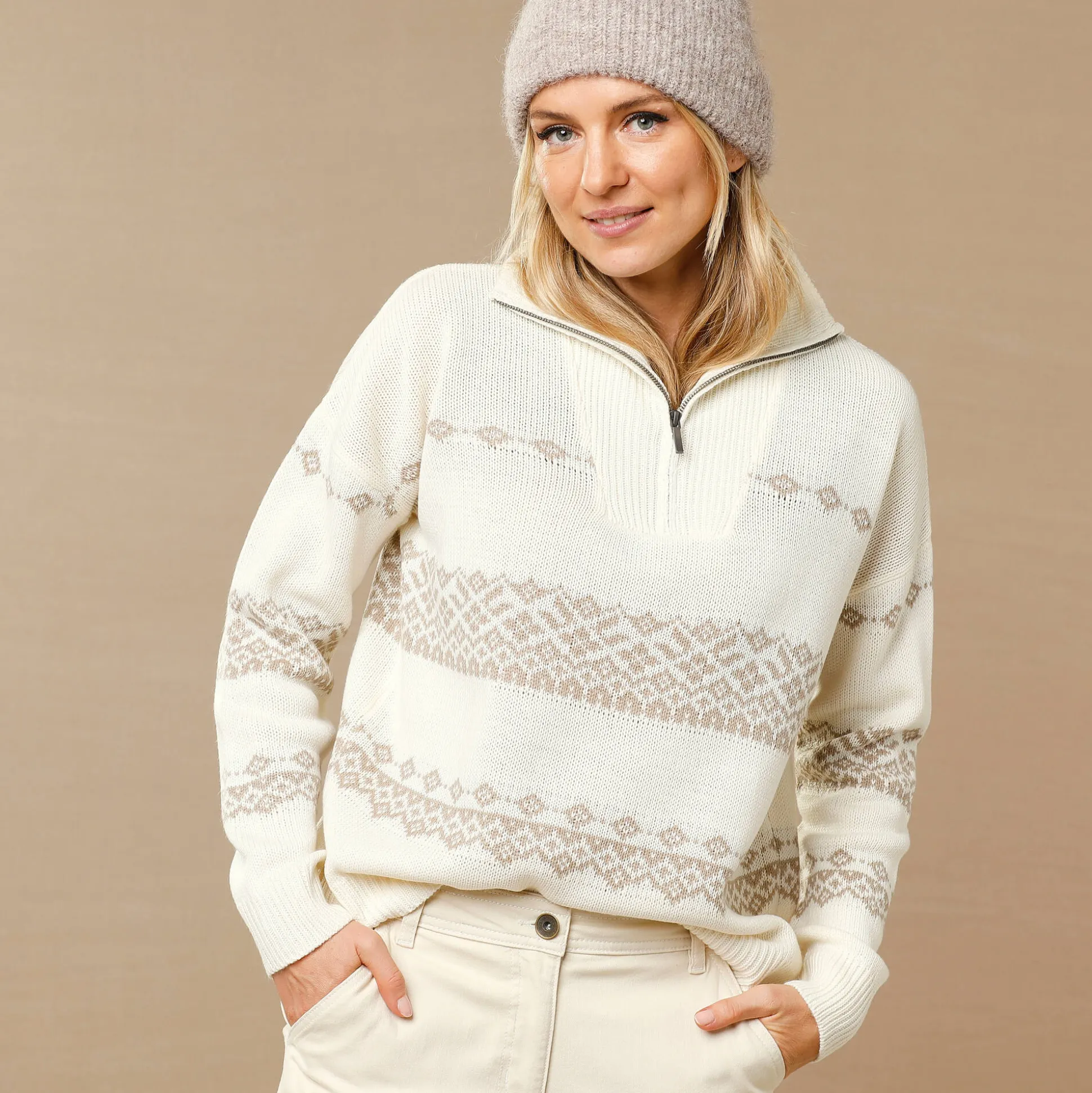 Trui in jacquard, truckerskraag met rits