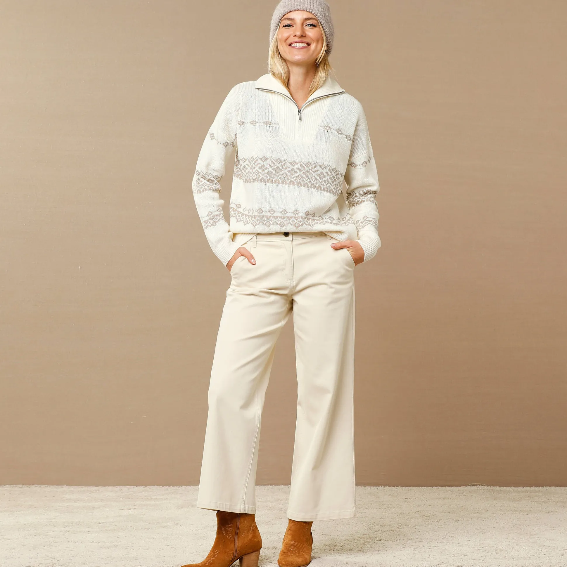 Trui in jacquard, truckerskraag met rits