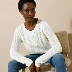 Trui in kabeltricot, ronde hals
