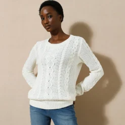 Trui in kabeltricot, ronde hals