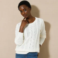 Trui in kabeltricot, ronde hals