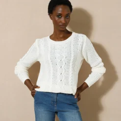Trui in kabeltricot, ronde hals
