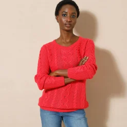 Trui in kabeltricot, ronde hals
