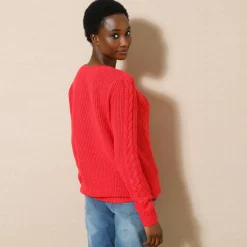 Trui in kabeltricot, ronde hals