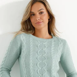 Trui in kabeltricot, ronde hals