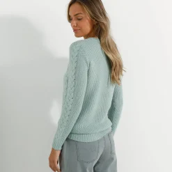 Trui in kabeltricot, ronde hals