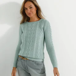 Trui in kabeltricot, ronde hals