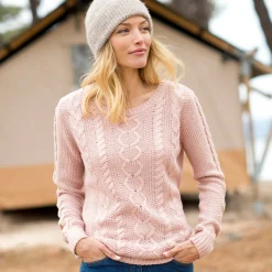 Trui in kabeltricot, ronde hals