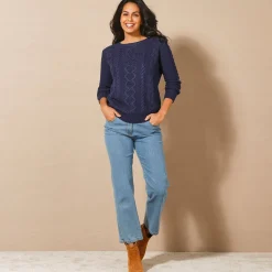 Trui in kabeltricot, ronde hals