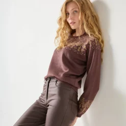 Trui in koperkleurige jacquard, met mohairtouch