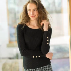 Trui in kouseribbeltricot, met officiersknopen