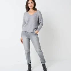 Trui in loose model met V-hals, patenttricot met zachte touch
