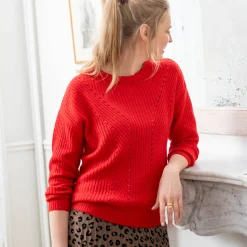 Trui in patenttricot met ronde hals, details met ajour