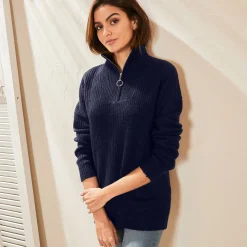 Trui in ribtricot met ritskraag