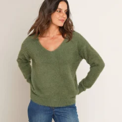 Trui met decolleté aan de achterkant en strikbandjes, harige tricot