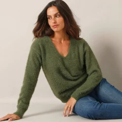 Trui met decolleté aan de achterkant en strikbandjes, harige tricot