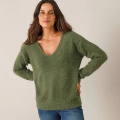 Trui met decolleté aan de achterkant en strikbandjes, harige tricot