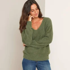 Trui met decolleté aan de achterkant en strikbandjes, harige tricot