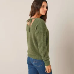 Trui met decolleté aan de achterkant en strikbandjes, harige tricot