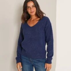 Trui met decolleté aan de achterkant en strikbandjes, harige tricot