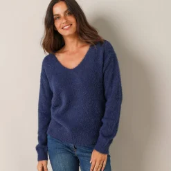 Trui met decolleté aan de achterkant en strikbandjes, harige tricot