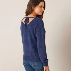 Trui met decolleté aan de achterkant en strikbandjes, harige tricot