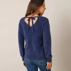 Trui met decolleté aan de achterkant en strikbandjes, harige tricot