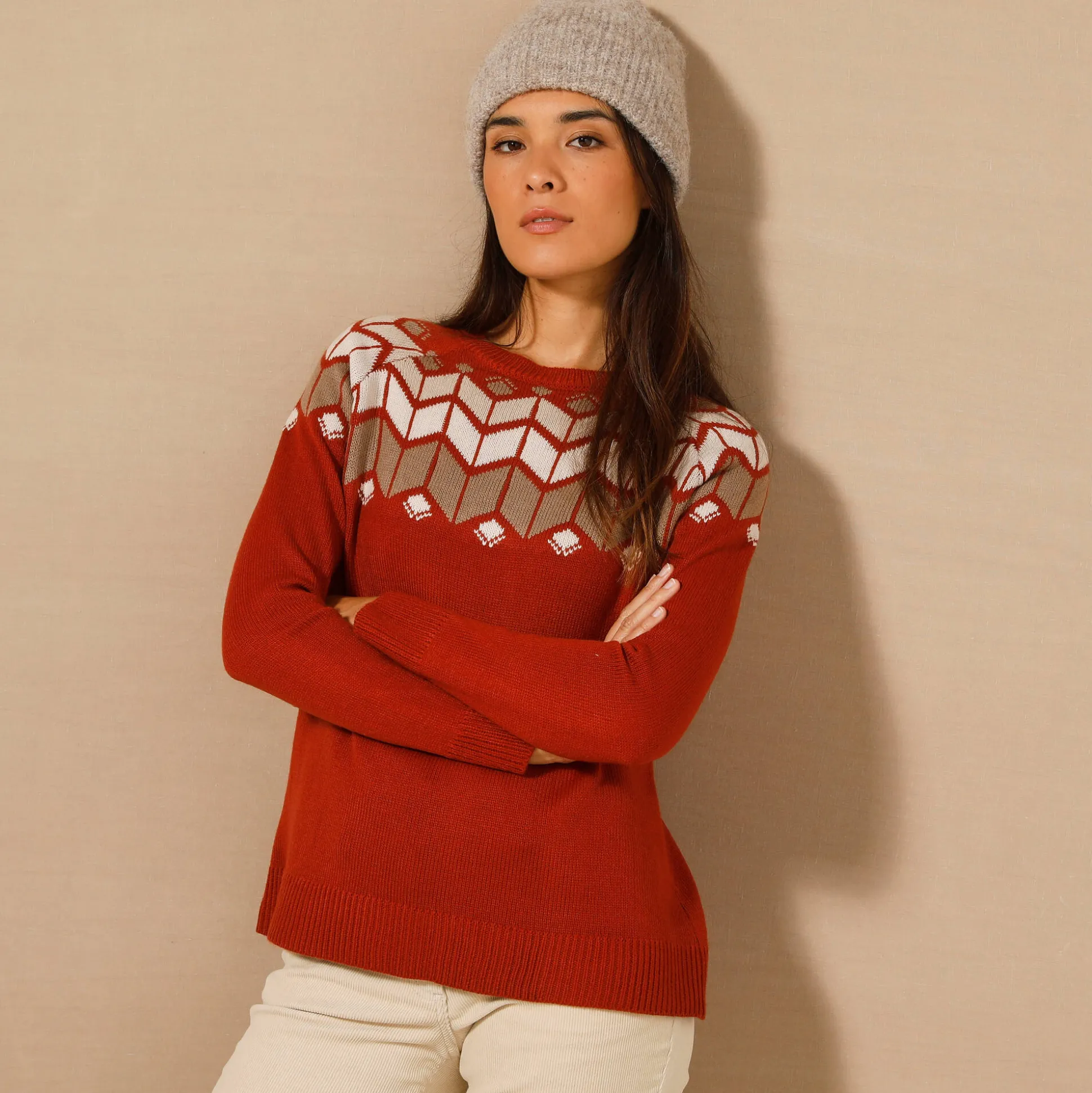 Trui met decolleté in jacquard