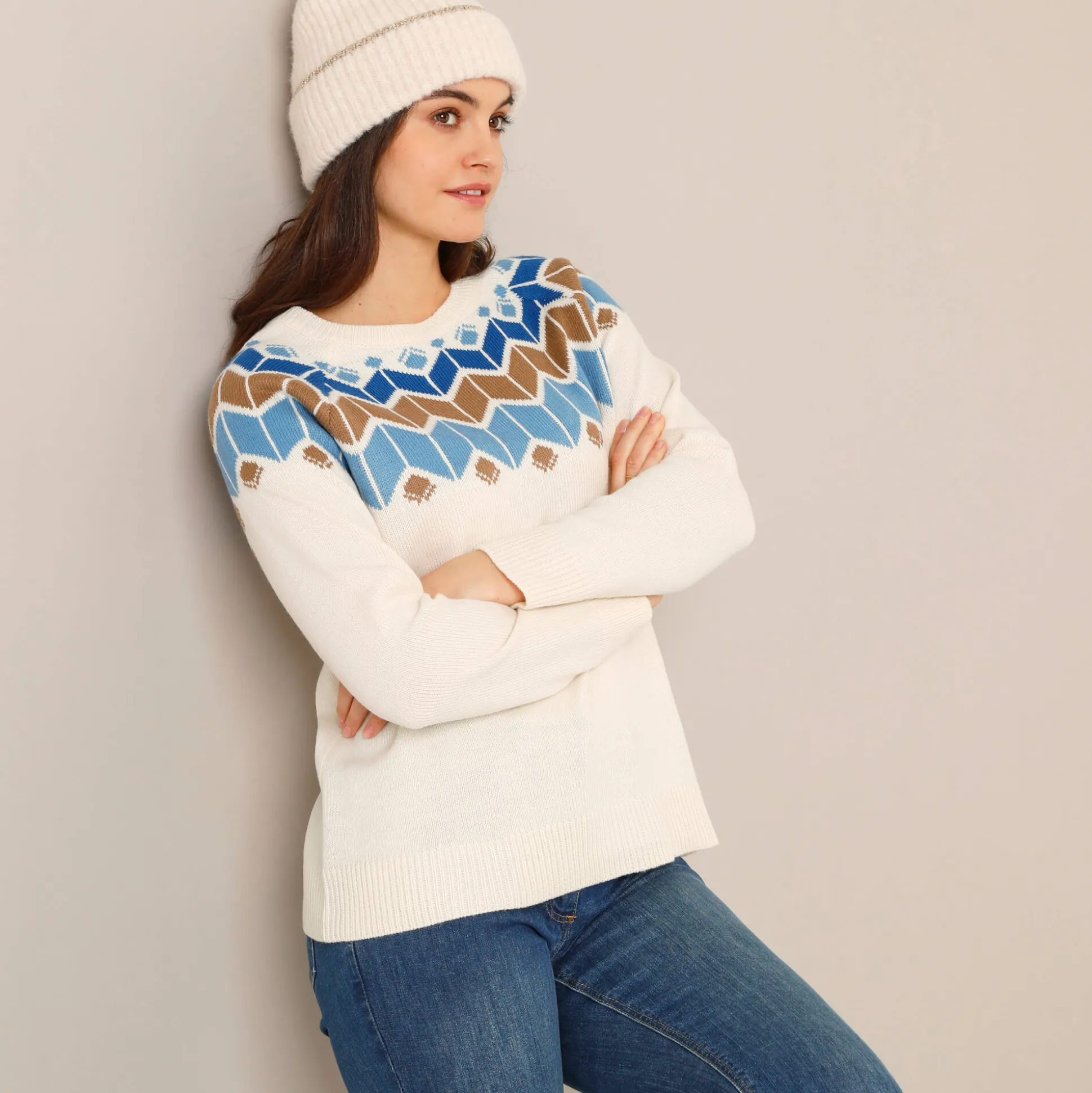 Trui met decolleté in jacquard